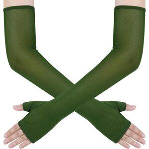 Women's Long Green Tulle Sheer Satin Gloves Elbow Length Wedding Party Costume